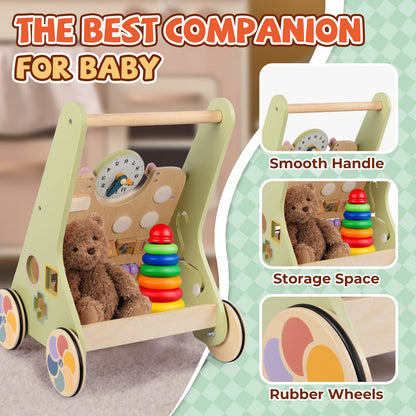 BAUTIA Wooden Baby Walker for 6-12 Months, Montessori Walker Push Toy for Toddlers Learning to Walk, Push Walker Baby Activity Center for Boys and Girls