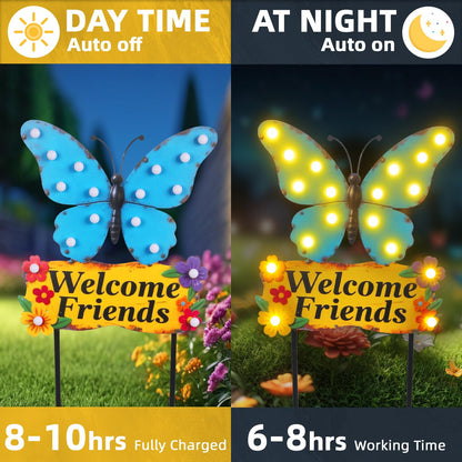 YHSOLAR Decorative Garden Stakes Large 45" with 18 Bulbs Solar String Lights Outdoor Waterproof, Butterfly Solar Lights for Outside with Welcome Friends Garden Sign for Yard, Patio, Pathway