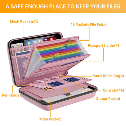 DocSafe Fireproof File Organizer with Lock, Hard-Shell Case Fireproof Document Box with 13 Pocket Accordion File Folder, Portable Home Office Travel Safe Storage for Important Documents Laptop Pink