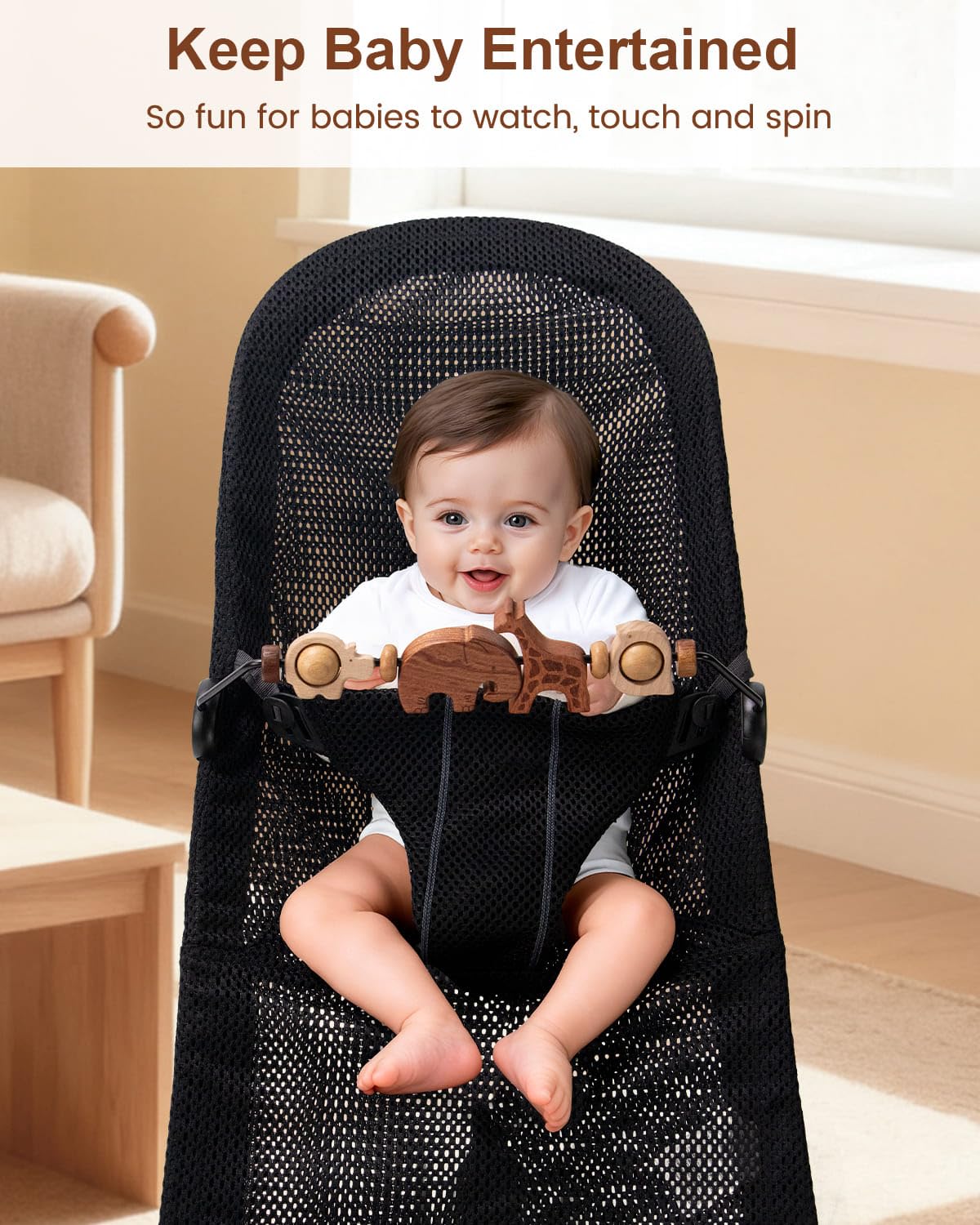 TinlyFinly Baby Bouncer Toy Bar Wooden Compatible with Baby Bjorn, Bouncer Toy Attachment Tight and Secure Fit, So Fun to Watch, Touch and Spin for Babies All Ages - Animals