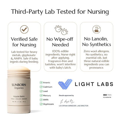 Sunborn Organics Nipple Balm | Nursing-Safe Lanolin-Free Nipple Cream with 3 Edible Ingredients for Sore or Cracked Nipples | Safe for Baby, No Wipe-Off, Third-Party Tested | Made in USA