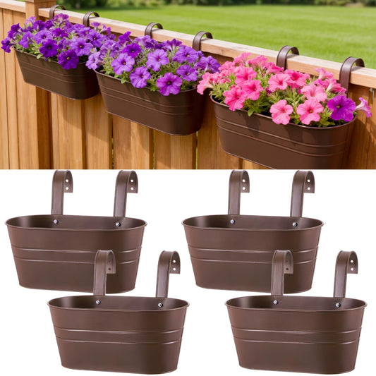 Hicarer 4 Pcs Metal Hanging Flower Pots for Railing Fence, 10.6 Inch Hanging Rail Planters for Outdoor Window Balcony Plants Holder with Hooks for Garden Yard Home Decor (Chocolate)