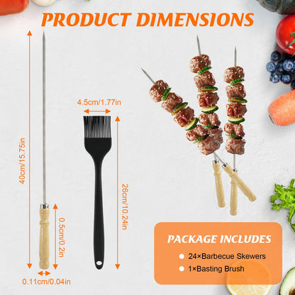WRENYZK 24 Pcs Barbecue Skewers with Wooden Handles, Kabob Skewers for Grilling, 15.75" Stainless Steel BBQ Skewer with Basting Brush, Kabob Skewers Skewer Sticks for Camping or family