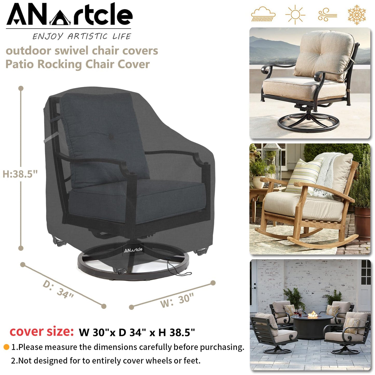 ANartcle Swivel Patio Chair Covers 2 Pack,Waterproof Heavy Duty Outdoor Chair Covers,Patio Swivel Chair Covers for Outdoor Furniture (30 W x 34 D x 38.5 H inches) Black.