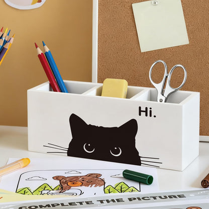 ELMCH Hi Black Cat Pen Pencil Holder Organizer for Desk, Black Cat Mom Lady Lovers Owner Gifts, Personalized Wooden Box Sign Desk Decor for Home Office Library Accessories