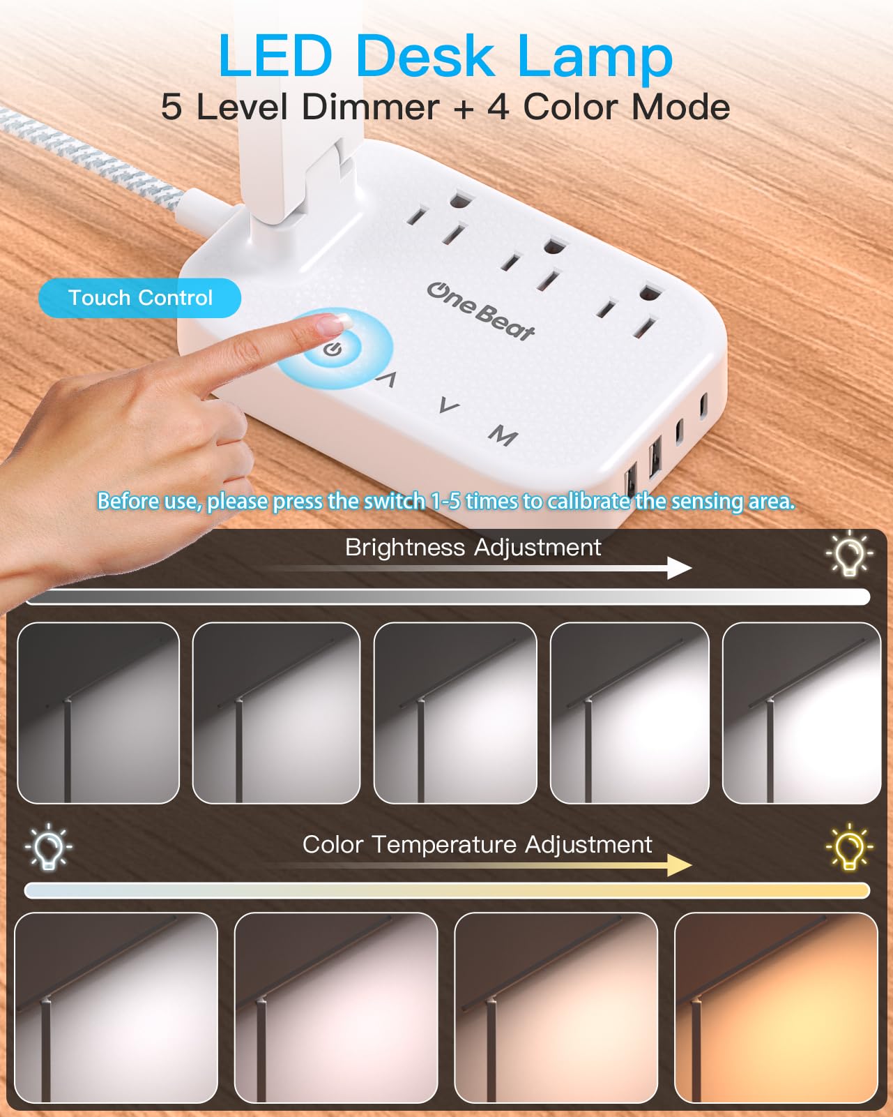 One Beat LED Small Desk Lamp Power Strip 5ft Extension Cord, 3 Outlets, 4 USB Ports(2 USB C), 4 Modes, 5 Level Touch- Home, Office, Bedroom, Bedside, Study Reading Light, Dorm Room Essentials, White