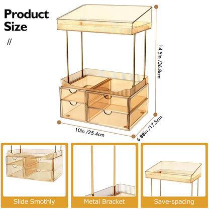 SNSLXH 4 Drawers Makeup Organizer - 4 Tier Makeup Storage, Cosmetics Organiser, Ideal for Cosmetic, 4 Dividers with Drawers for Countertop, Bathroom, Office Supplies, Dresser Transparent Tawny