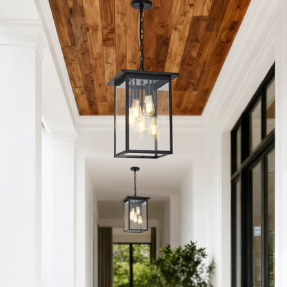 Modern Outdoor Pendant Light with Dual E26 Base Socket, Black Chandelier with Clear Glass Shade, Exterior Hanging Lantern for Front Porch Entrance Foyer Entryway