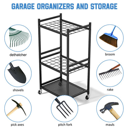 DAOUTIME Garden Organizer With Wheels, Yard Tower Rack for Garage Storage, Up to 35 Long-Handled Tools, Sturdy Metal Steel Holder With 3 Hooks, Outdoor, Black