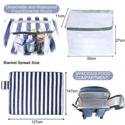 Sunflora Picnic Backpack for 4 Person Set Pack with Insulated Waterproof Pouch for Family Outdoor Camping(Blue & Stripe)