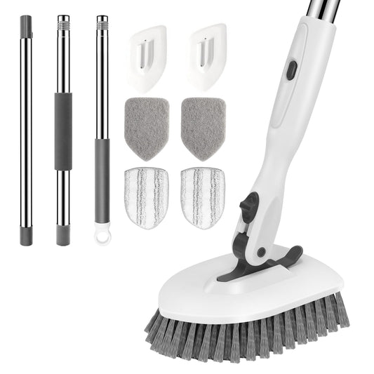SetSail Floor Scrub Brush, 3-in-1 Tile Tub Floor Scrubber with 52-inch Adjustable Long Handle Shower Cleaner Brush and 4 Detachable Replacement Brush Heads for Cleaning Bathroom Tub Tile, White Grey