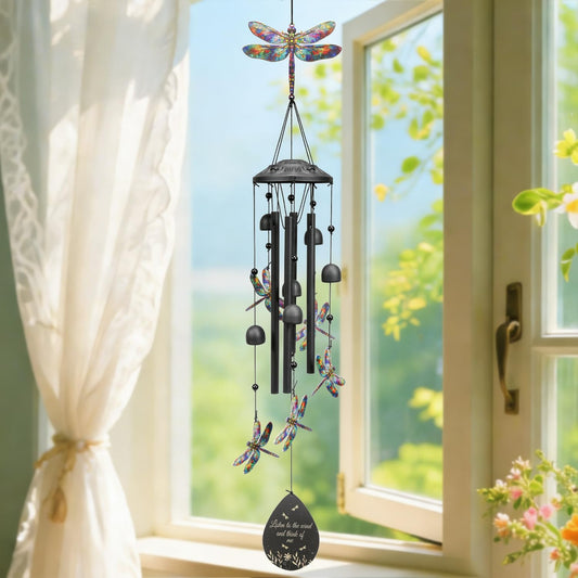 Dragonfly Wind Chimes Outdoor Durable Black Metal Windchimes Garden Patio Decor Dragonfly Gifts for Women/Men, Garden/Yard Decor, Memorial/Birthday Gifts for Grandma/Mom, Chimes for Outside