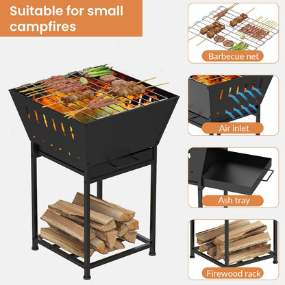 YBING Wood Burning Fire Pit for Outside - 24 Inch Outdoor Fire Pit with Grill, 2-in-1 Square Firepit with Ash Tray and Wood Storage for Camping, Backyard, Patio, Black