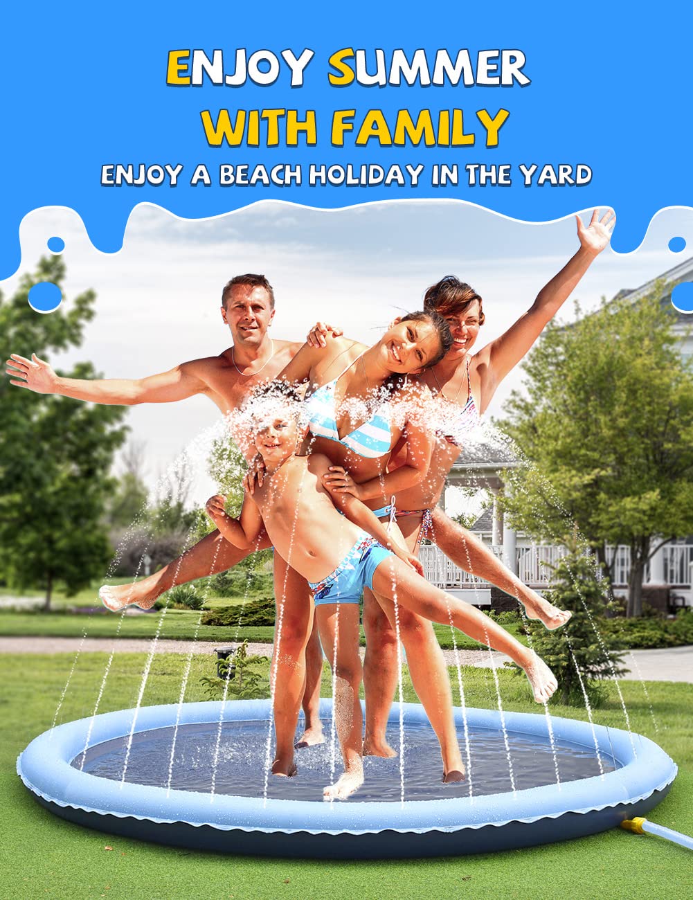 VISTOP Non-Slip Splash Pad for Kids and Dog, Thicken Sprinkler Pool Summer Outdoor Water Toys - Fun Backyard Fountain Play Mat for Baby Girls Boys Children or Pet Dog (87 inch, Blue&Blue)
