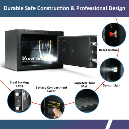 Voncabay Money Safe Box for Home with Sensor Light & Fireproof Money Bag - 0.23 Cubic Feet Security Safe Box with Digital Keypad, Keys & Pass Code Lock, 9.05" W x 6.69" D x 6.69" H, Black