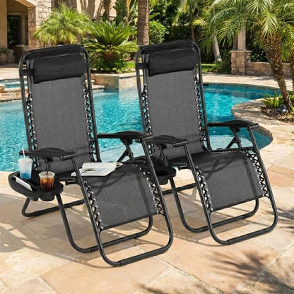 Patio Lounge Chairs Set of 2, Outdoor Recliner with Side Tray & Headrest - Heavy Duty Steel Mesh Folding Chairs, Adjustable Portable Camping Lawn Chairs for Poolside, Beach, Backyard, Deck