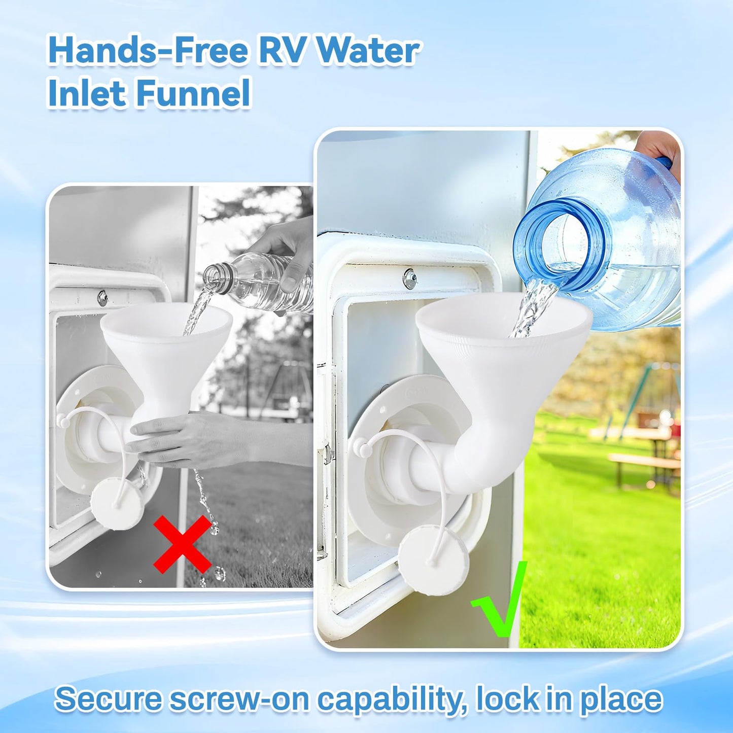 RV Water Inlet Funnel, 3.54-in Wide Mouth Gravity Fresh Water Tank Fill Funnel for Water Inlet Hatch, Travel Trailer Essentials Accessories Supplies, Screw-On Hands-Free Design