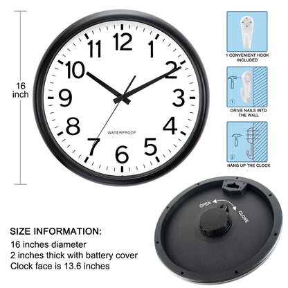 Caysie 16 Inch Sealed Large Outdoor Clock Waterproof, Silent Battery Operated Weatherproof Wall Clocks for Pool Patio Outside Home (Black)