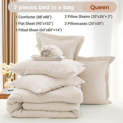 MUXHOMO 7 Pieces Queen Comforter Set, Soft Bed in a Bag Queen Size, All Season Bedding Set with Comforter, Flat Sheet, Fitted Sheet, Pillowcases & Shams, Beige