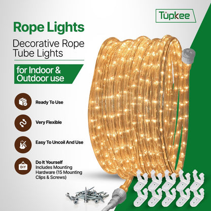 Tupkee Rope Light Warm Clear - 24 Feet (7.3 m), for Indoor and Outdoor use - 10MM Diameter - 288 Clear Incandescent Long Life Bulbs Decorative Rope Tube Lights - Pack of 2