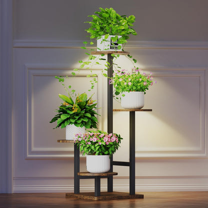 Homsorout Plant Stand Indoor with Grow Light,4-Tiered Tall Plant Stand Indoor, Metal Plant Shelf with Adjustable Light, Ideal for Living Room, Garden, Patio (Black Brown)