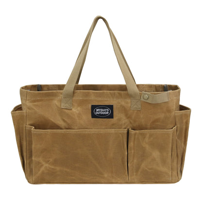 MYDAYS OUTDOOR Portable Garden Camping Tool Storage Bag,Waxed Canvas Firewood Carrier Tote bag,Collapsible Sturdy Garden Basket Great for Women, Gardener, Electrician, Repairer (Khaki)