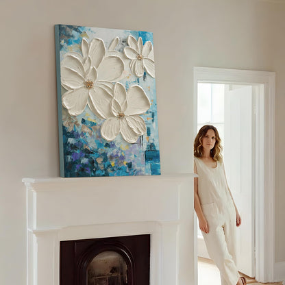 JUHOME Hand-Painted Textured Flower Oil Painting Canvas Wall Art,24x36 In Abstract White Floral Artwork, Vertical Modern Original Wall Decor for Living Room Bedroom Office