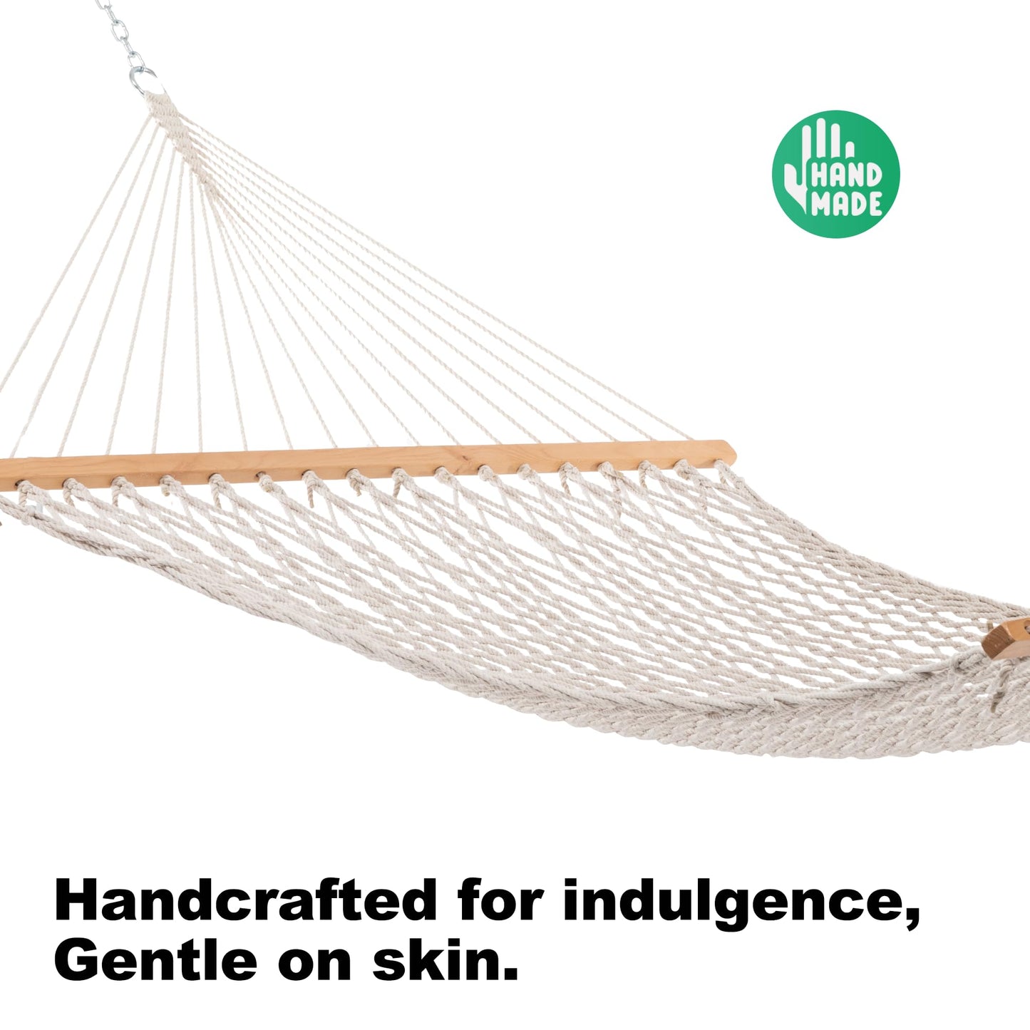 GAFETE 12ft Double Hammocks for Outside, Handwoven Traditional Cotton Rope 2 Person Hammock with Hardwood Spreader Bar, Chains & Hooks for Indoor Outdoor, Max 450 lbs Capacity (Natural Beige, Medium)