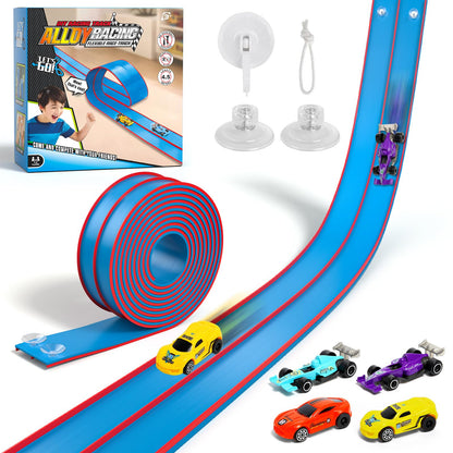 Sunrad 15Ft Flexible Race Car Track Toys for Kids with 4 Car & Suction Cups, Flex Tracks Starter Set Compatible with 1:64 Diecast Cars Portable Rolls Up DIY Racetrack, Gift for Boys Girls Age 3-5 4-8+