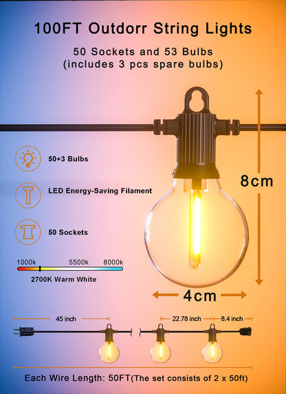 Zuske Outdoor String Lights Waterproof, 100FT LED Patio Lights with 53 Shatterproof G40 Globe Bulb(3 Spare), Connectable Dimmable Outside Hanging Lights for Backyard Porch Balcony Gazebo (2x50FT)
