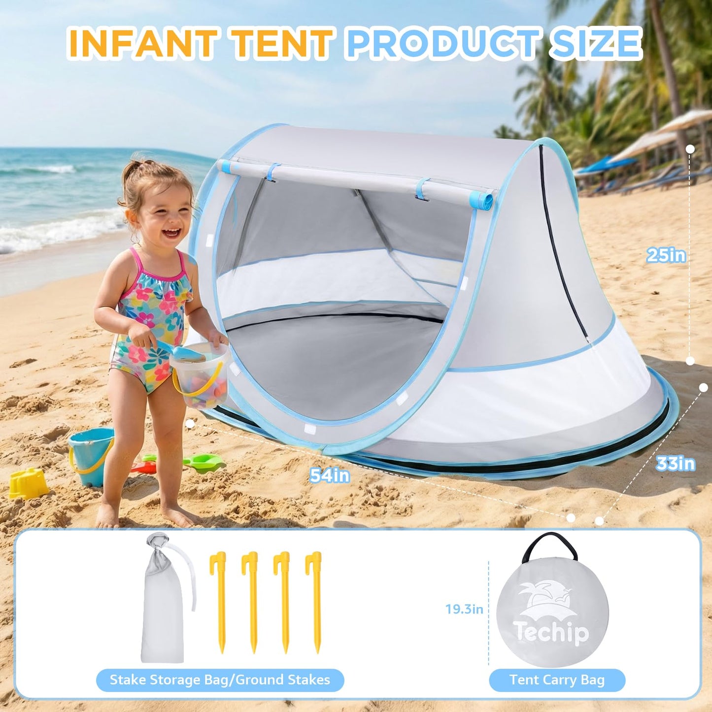 Baby Beach Tent, Pop Up Beach Tent Sun Shade for Beach, UPF 50+ UV Protection Sun Shelters for Infants with Carry Bag for Outdoor Travel, Camping(Gray)