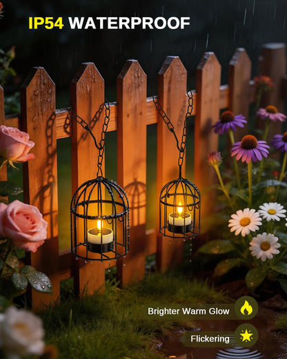 SoulBay Outdoor Lanterns with Solar Tea Lights, 4 Pack(2L 2S) Hanging Waterproof Solar Lights for Outside with Extended Chain, Bright & Long Lasting Solar Candles, Birdcage Lamp for Tree Patio Garden