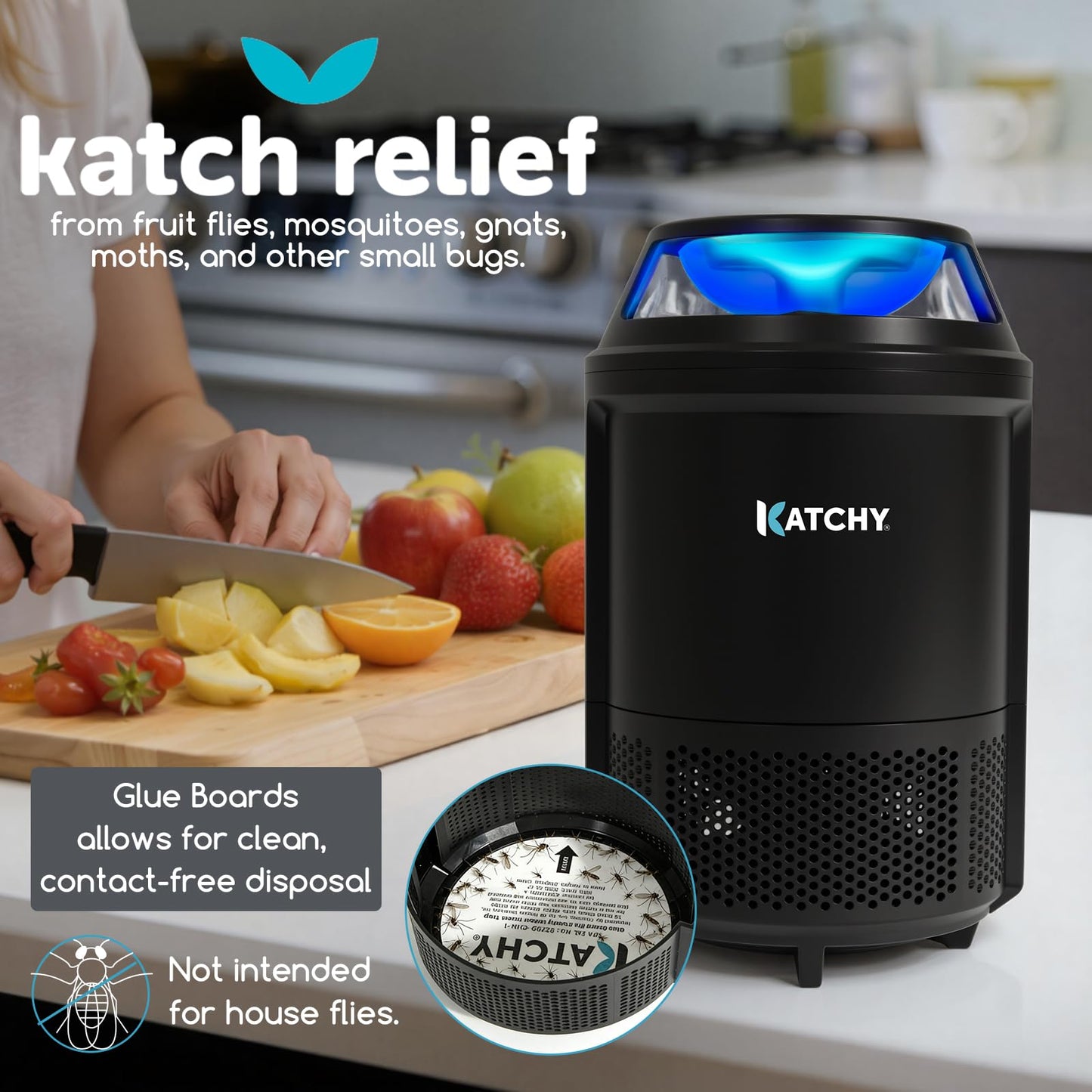 Katchy Indoor Flying Insect Trap – Catcher & Killer for Mosquitoes, Fruit Flies, Gnats & Moths – Non-Zapper with Suction & Blue Light – Ideal for Indoor Spaces, Kitchens & Plants (Original, Black)