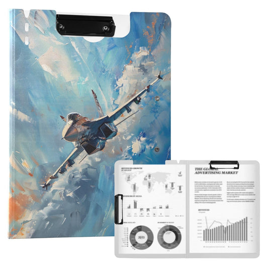 Fighter Jet Painting Folding Clipboard Folder Binder Clip Board with Double Low Profile Clip Waterproof for Business Office 360° Foldable
