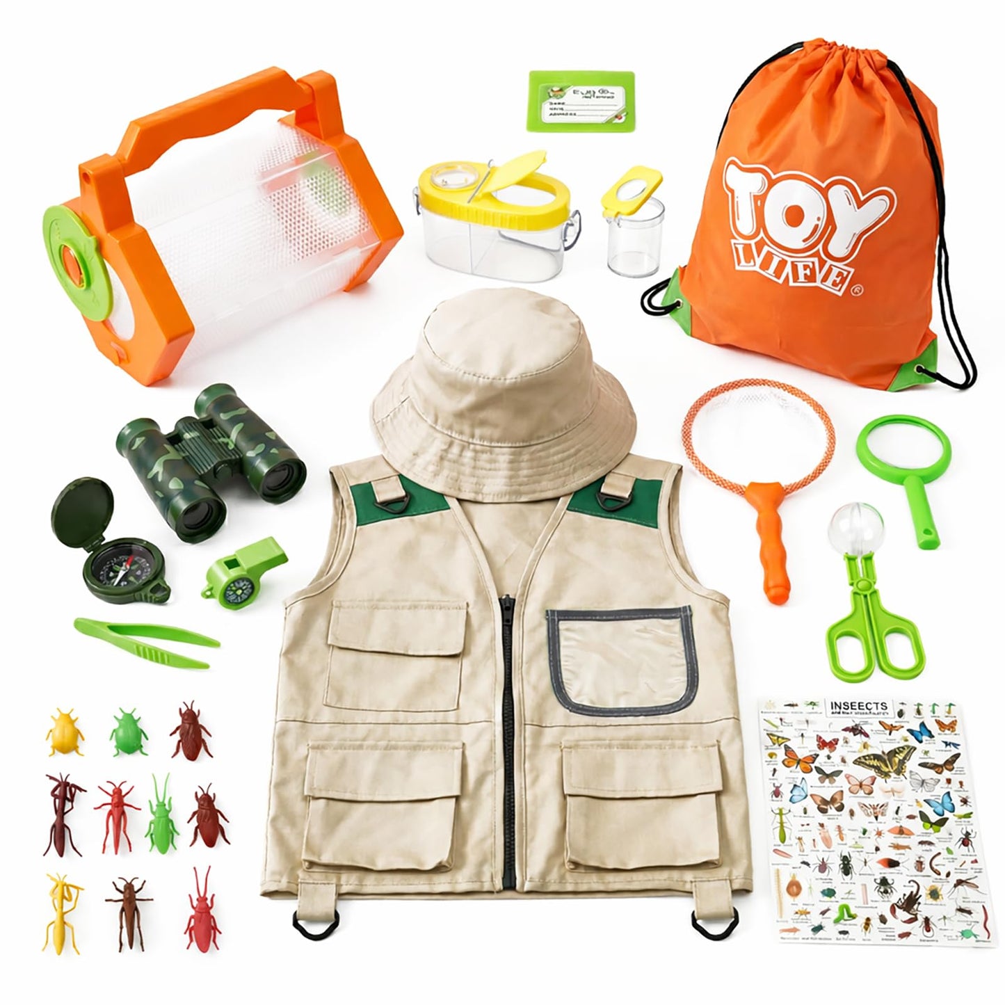 TOY Life Kids Explorer Bug Catcher Kit with Safari Costume, Binoculars Kids Outdoor Toys, Bug Toys, Butterfly Net, Camping Set Outdoor Activities Adventure Kit Nature Exploration Gifts Kid Ages 3-12