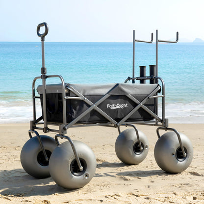 13" Balloon Bubble Wheel Beach Cart Collapsible Wagon with Big Fat All Terrain Inflatable Air Tire, Large Outdoor Wagon & Fishing Cart with Balloon Tire, Dolly with Big Wheels for Sand Camping (Black)