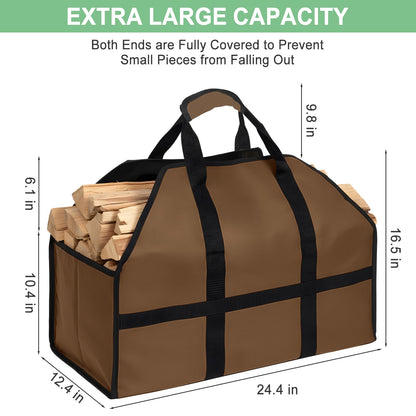 LBTING Firewood Log Carrier, Heavy Duty Oxford Log Tote Wood Carrying Bag with Handle Strap, Suitable for Indoor Fireplace and Outdoor Camping - Brown