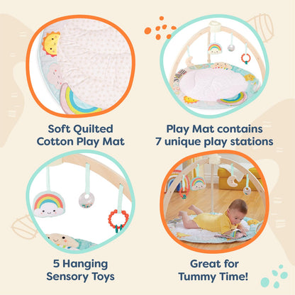 B. toys – Wooden Baby Gym & Soft Play Mat with 5 Hanging Sensory Toys for Newborns – Sunrise to Sunset Design – Tummy Time & Motor Skills – for Babies 0+ Months