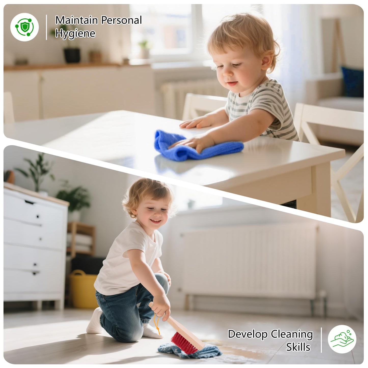 Wooden Kids Cleaning Set with Spray Mop, Montessori Cleaning Toys Real Water Sprayer and Toddler Broom Mop Set, Housework Pretend Play Toy Gift for Boys Girls Ages 3+