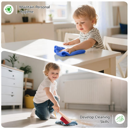 Wooden Kids Cleaning Set with Spray Mop, Montessori Cleaning Toys Real Water Sprayer and Toddler Broom Mop Set, Housework Pretend Play Toy Gift for Boys Girls Ages 3+