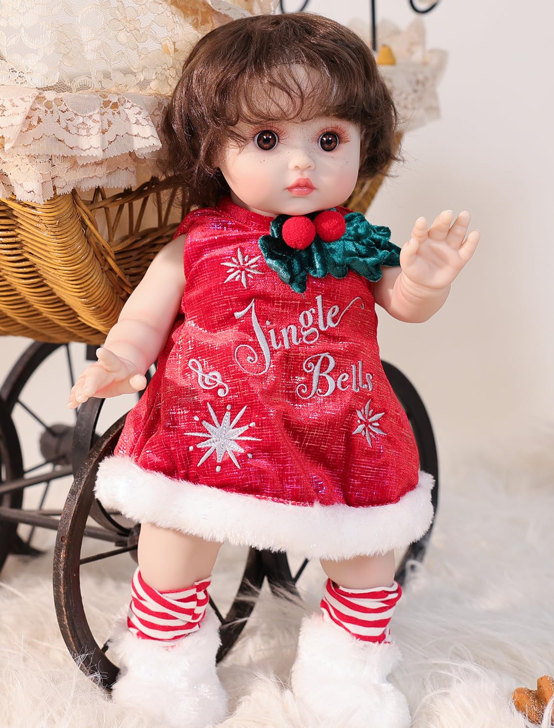 Cloveray Baby Dolls, 18 Inch Realistic Reborn Full Vinyl Baby Doll with Brown Curly Hair, Hand-Painted Freckles & Cozy Red Outfit for Girls Ages 3+, Pretend Play, Display & Collection
