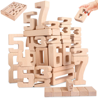 Lasoba Wooden Number Building Blocks, Large Digit Blocks 1-10, 32 Pcs Math Blocks Number Toys for Kids, Educational Blocks for Toddlers, Toys to Learn Numbers for 3 Year Olds +