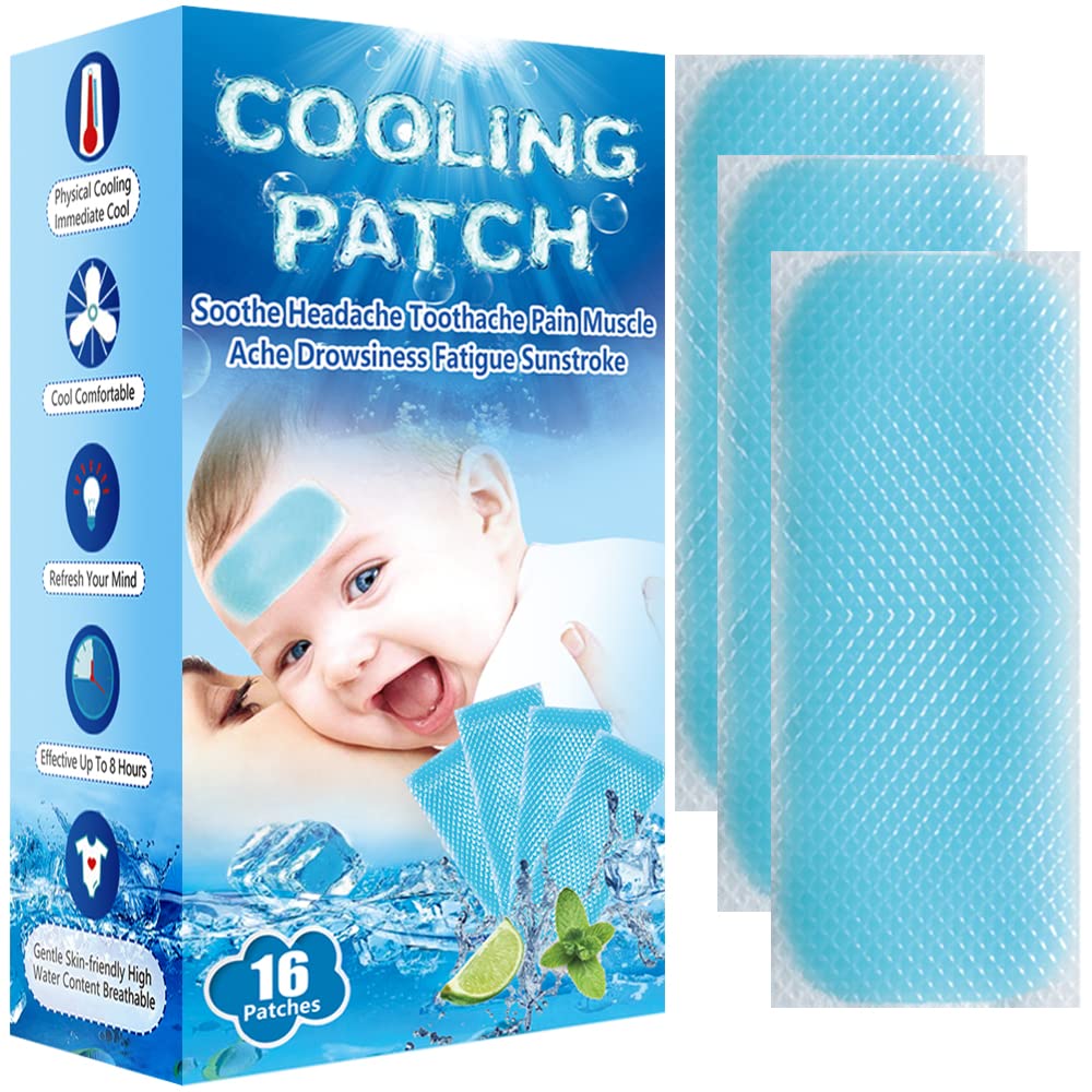 EASYEAH 16 Sheets Baby Cool Pads for Kids Fever Discomfort & Pain Relief, Cooling Relief Fever Reducer, Soothe Headache Pain, Pack of 16