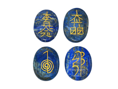 Amazing Gemstone Lapis Lazuli Crystal Reiki Stones with Engraved Symbols for Usui Reiki Healing, Set of 4 Pcs (Indian Handmade Reiki Gift Set)