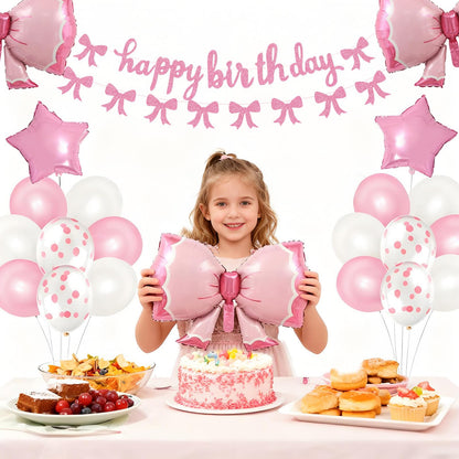 Phoaxul Cute Pink Bow Birthday Decorations for Girls, Glitter Happy Birthday Banner, Bow Balloons, Pink Party Decorations for Women, Baby Girl Shower, Princess Bday Party Supplies
