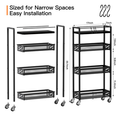 DGSNADGO Slim Rolling Storage Cart, 4-Tier Kitchen Cart on Wheels, Narrow Utility Cart with Handle and Wooden Tabletop for Small Space in Kitchen, Living Room, Bathroom, Laundry Room, Beige (Black)
