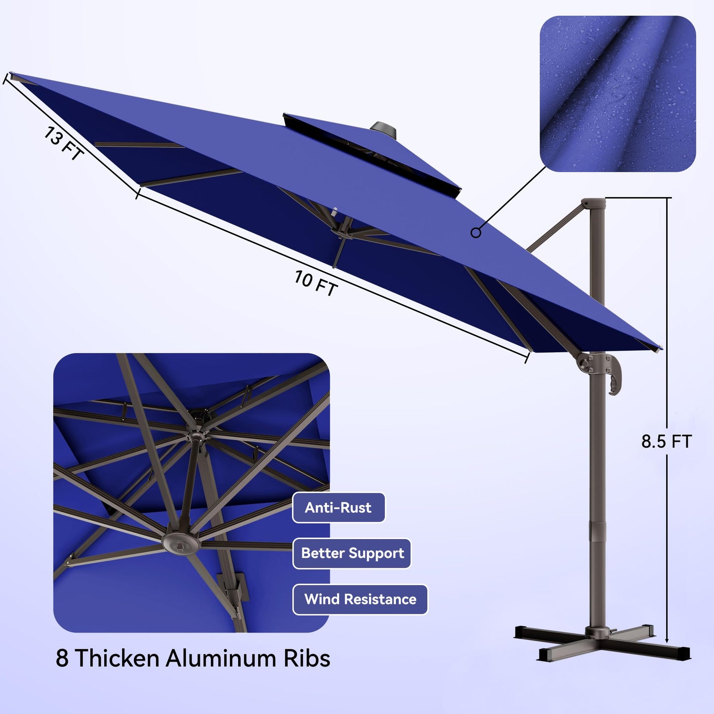 Jentafix 10x13 FT Patio Umbrella, Large Cantilever Rectangular Double Top Heavy Duty Offset Umbrellas with 360° Rotation, Outdoor shade for Garden Deck Pool Patio, Navy