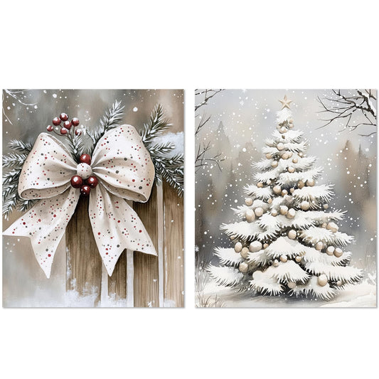 XUNLURY Vintage Christmas Diamond Art Kits 2 Pcs, Winter Christmas Bow Xmas Tree Snowy Scene Diamond Painting Kits for Adults Beginners, Full Drill Diamonds Dots for Home Decor, 9.8x11.8 Inch