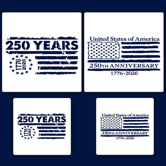 USA 250 Years Stencils (4-Pack) - Large & Small Sizes for 1x12 Porch Signs & Tiered Tray Decor, 1776-2026 Patriotic Flag Stencil for Painting on Wood, Reusable 10mil Mylar for DIY Crafting