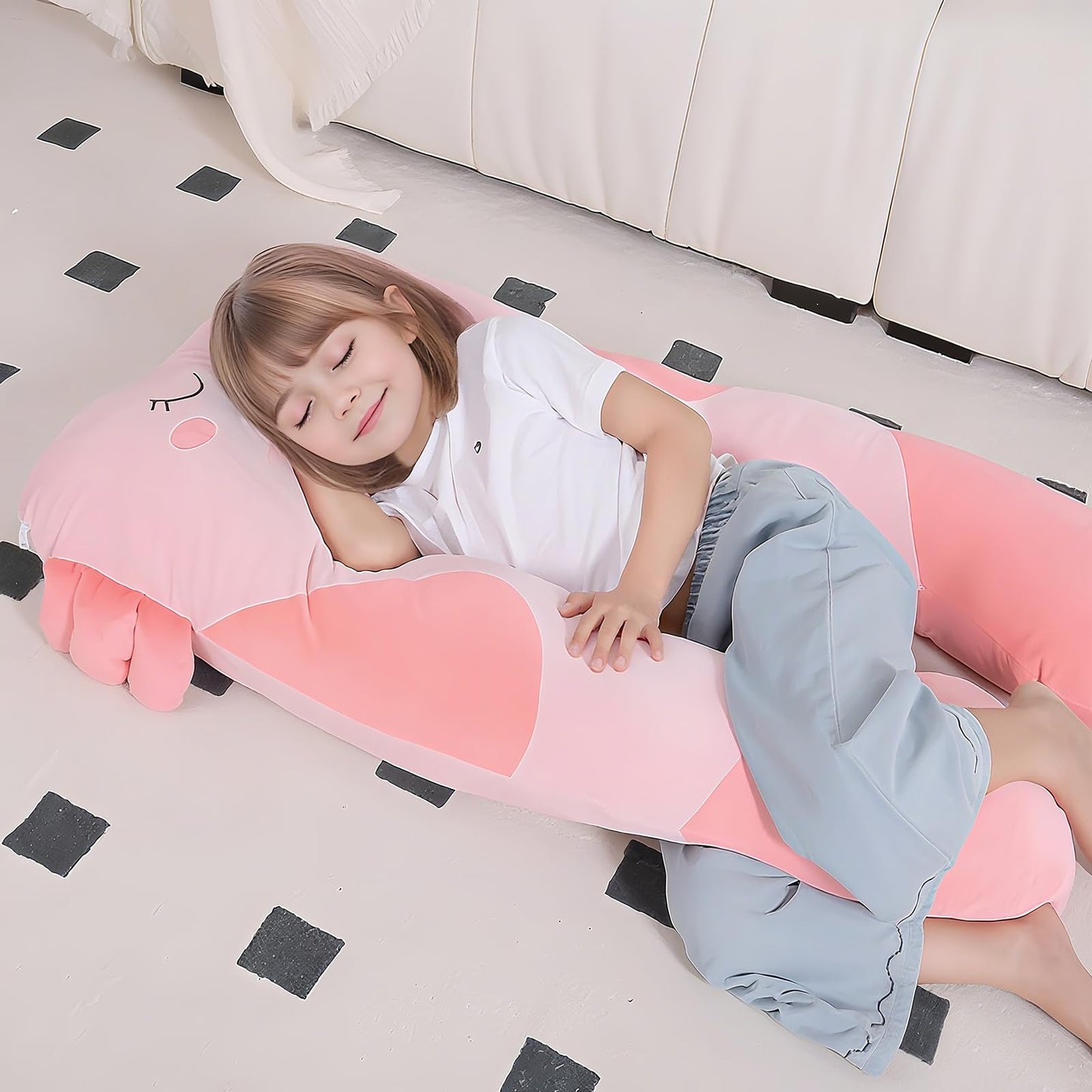 MLdian 47x23 inch U Shaped Long Plush Body Pillows for Kids, Stuffed Animal Axolotl Soft Large Pillow for Sleeping, Big Cute Plushies, Washable Cover, Gift for Boys and Girls